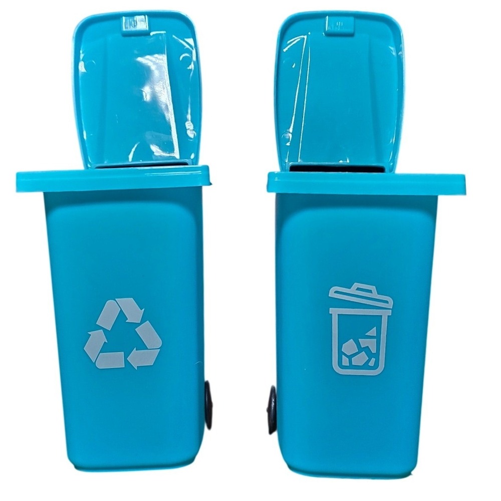 Set of 2 teal blue Mini Trash Can Recycling Bin plastic pencil holder wheels 5.5